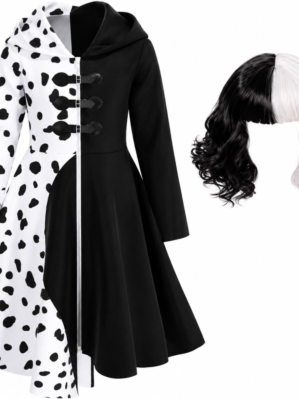 Cruella Deville kids Black & White Dalmatian-Print Hooded Coat and wig